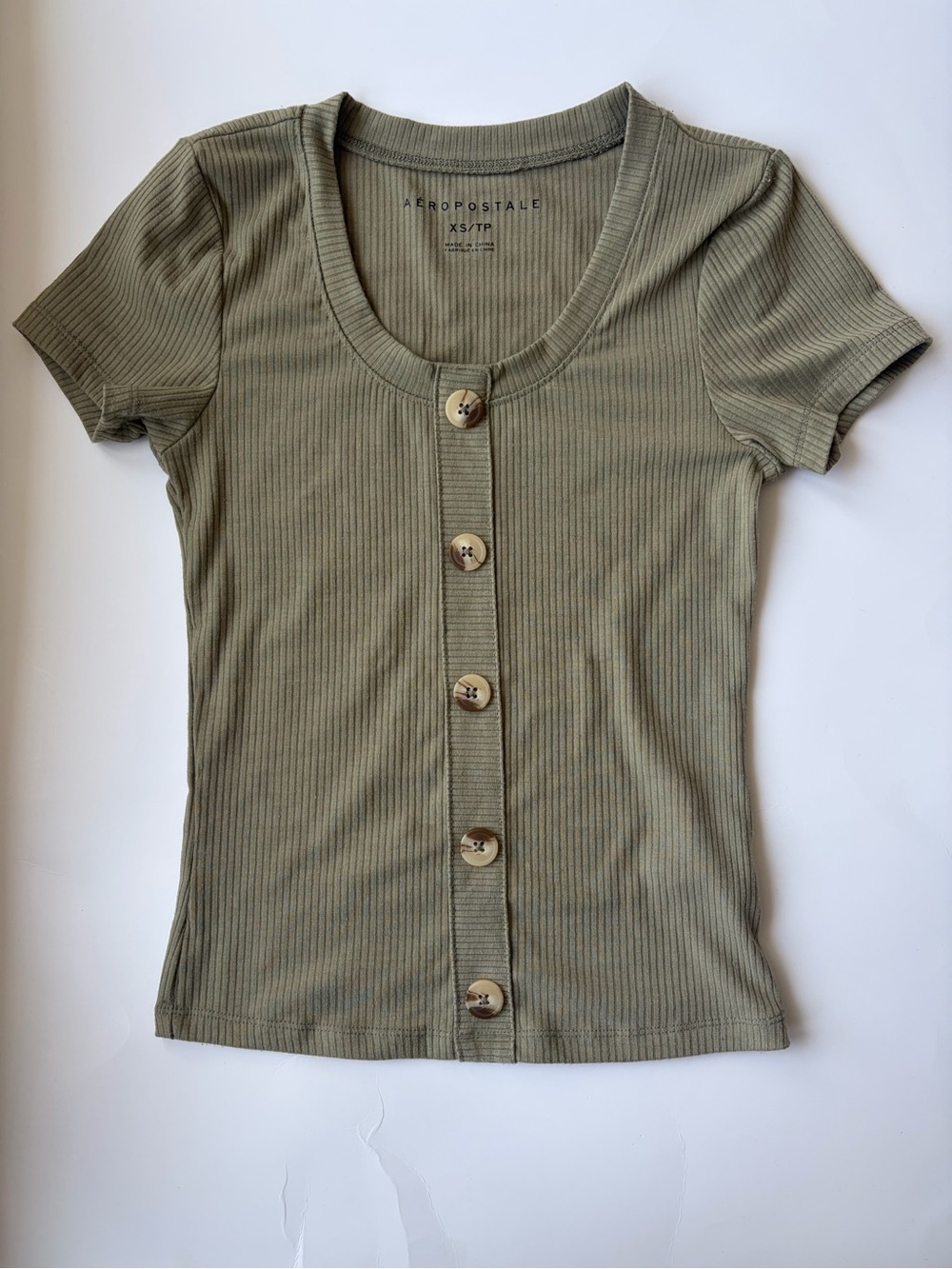 Aeropostale Olive Green Ribbed Button-Front Short Sleeve